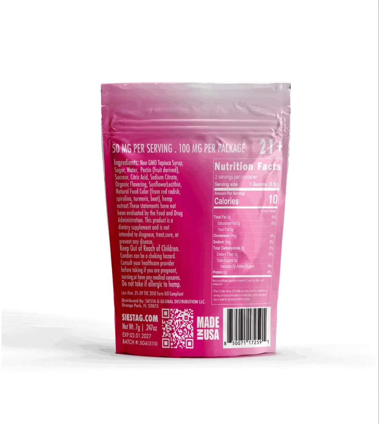 Delta 8 THC - 2 PCK HHC Gummies 100mg 2 Pack Strawberry & Cream Siesta-G Siesta G Dispensary