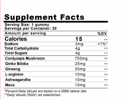 Cordyceps Extra Strength Mushroom Gummies Supplement Facts 750MG Per Vegan Gummy, 30CT 22,500 Jar Siesta-G
